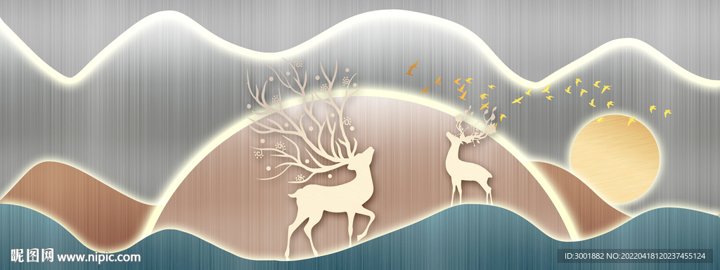 轻奢装饰画 新中式 麋鹿