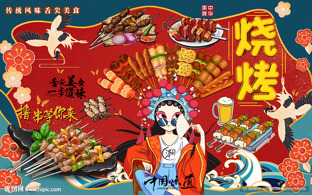 国潮烧烤美食工装背景墙