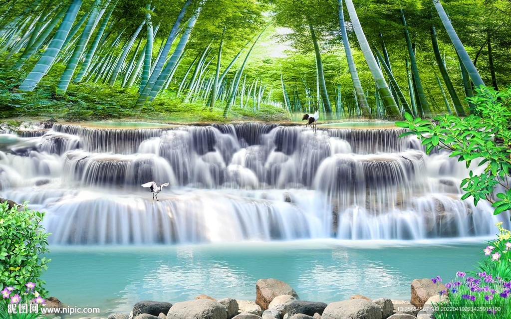 竹林流水生财风景背景墙
