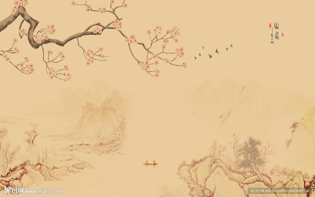 新中式山水花鸟画背景墙