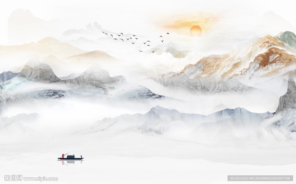 旭日东升日出山水新中式背景墙