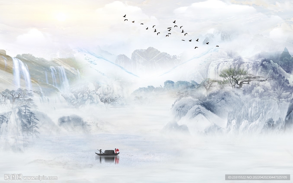 旭日东升高山流水电视背景墙