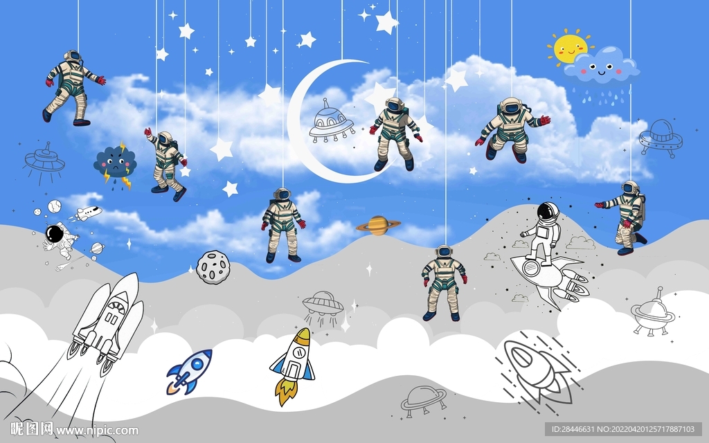 卡通太空儿童房背景墙