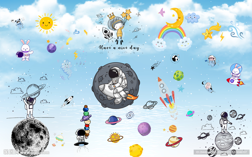 卡通太空儿童房背景墙
