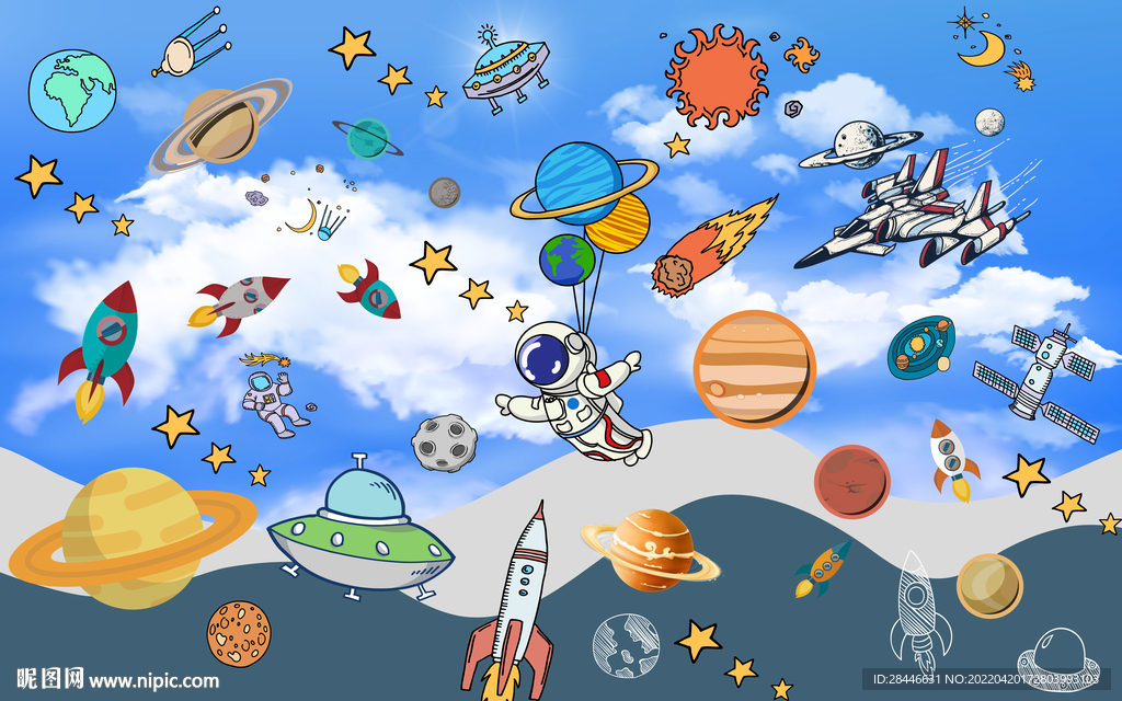 卡通太空儿童房背景墙     