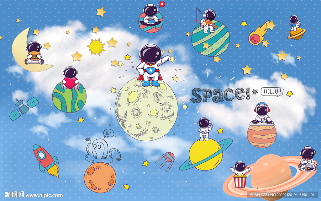 卡通太空儿童房背景墙