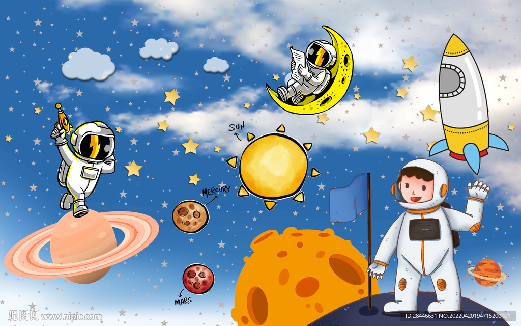 卡通太空儿童房背景墙