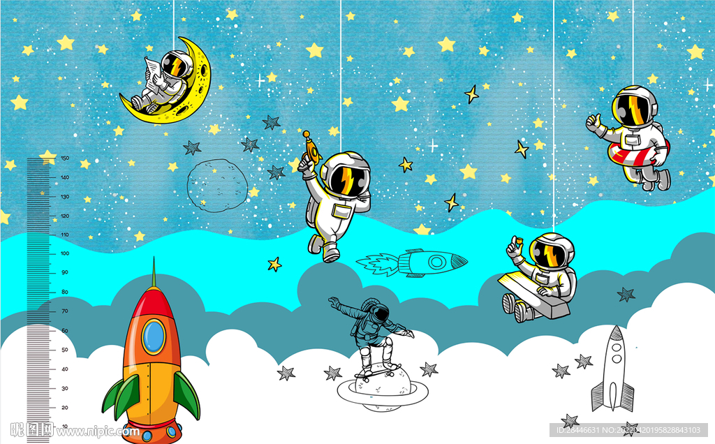 卡通太空儿童房背景墙