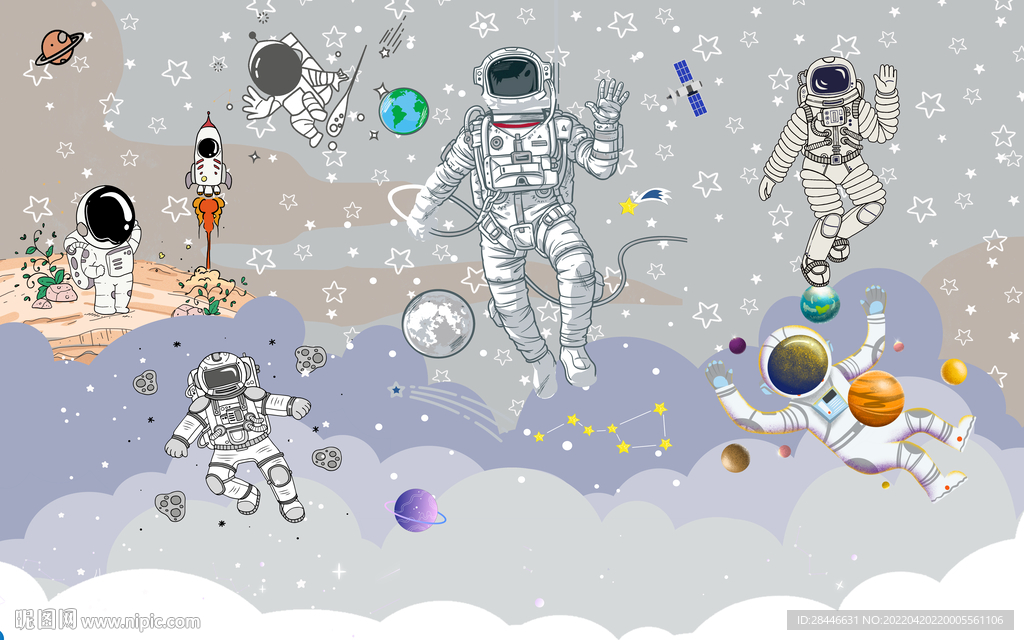 卡通太空儿童房背景墙
