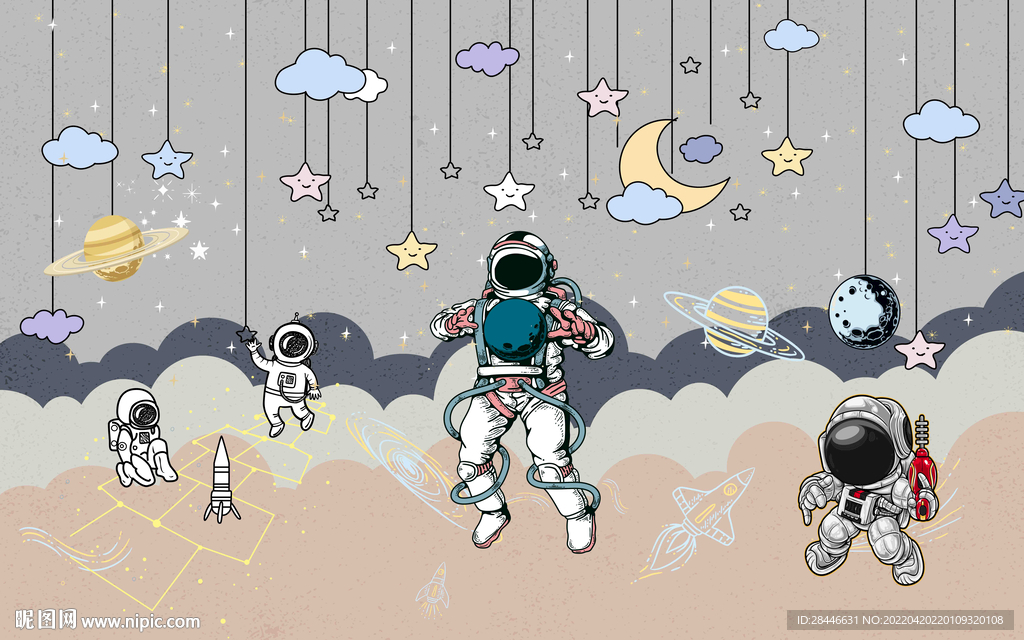 卡通太空儿童房背景墙合成图