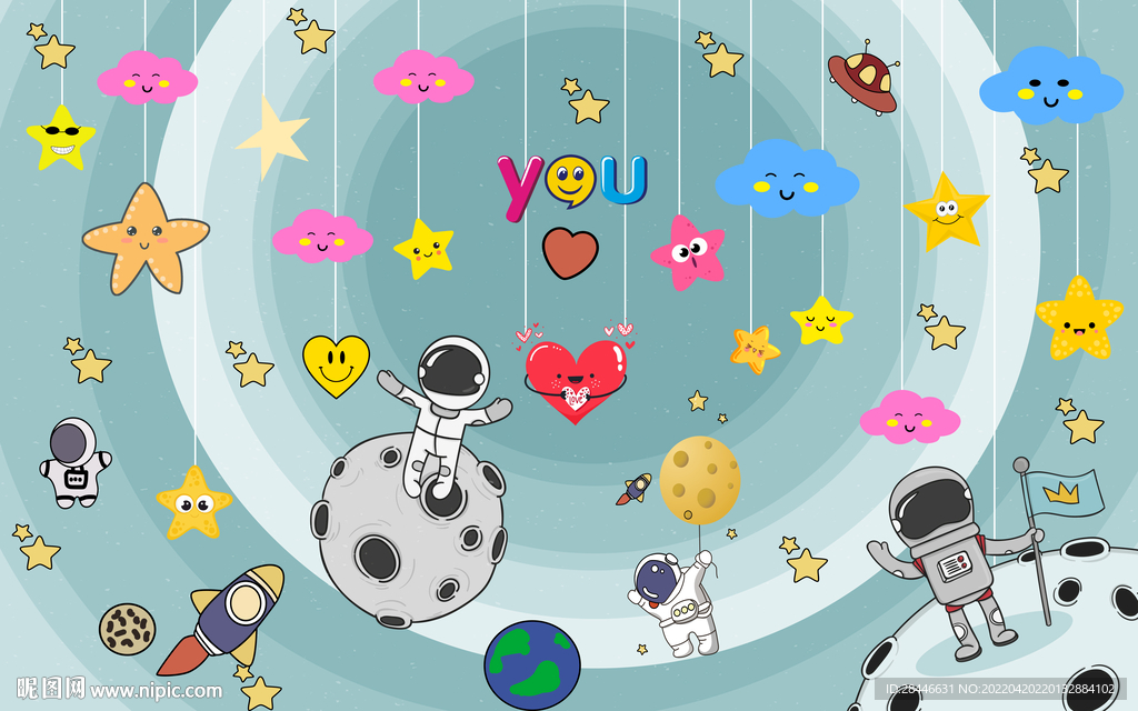 卡通太空儿童房背景墙