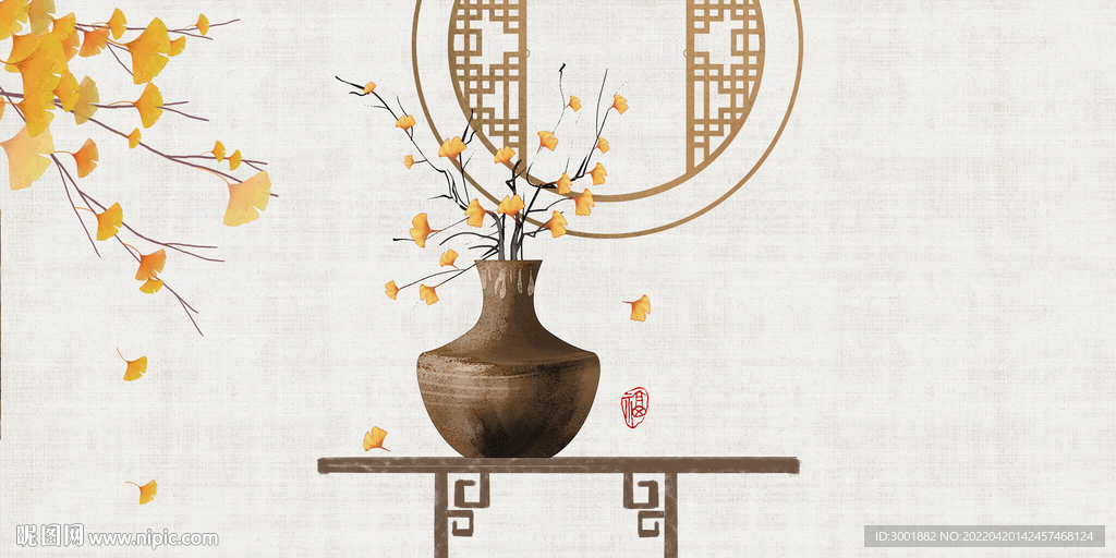 轻奢装饰画 花艺花瓶 杏叶