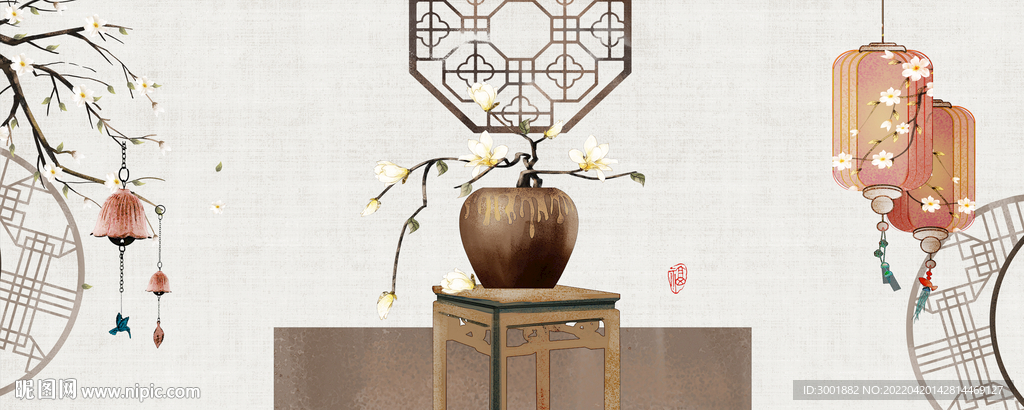 轻奢装饰画 花艺花瓶 灯笼