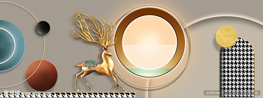 轻奢装饰画光影画几何图形圆麋鹿