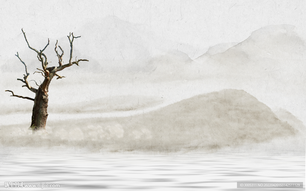 轻奢装饰画 水墨山水画 枯树