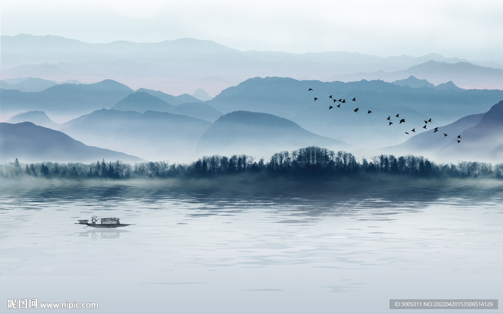 轻奢装饰画 新中式水墨山水画船