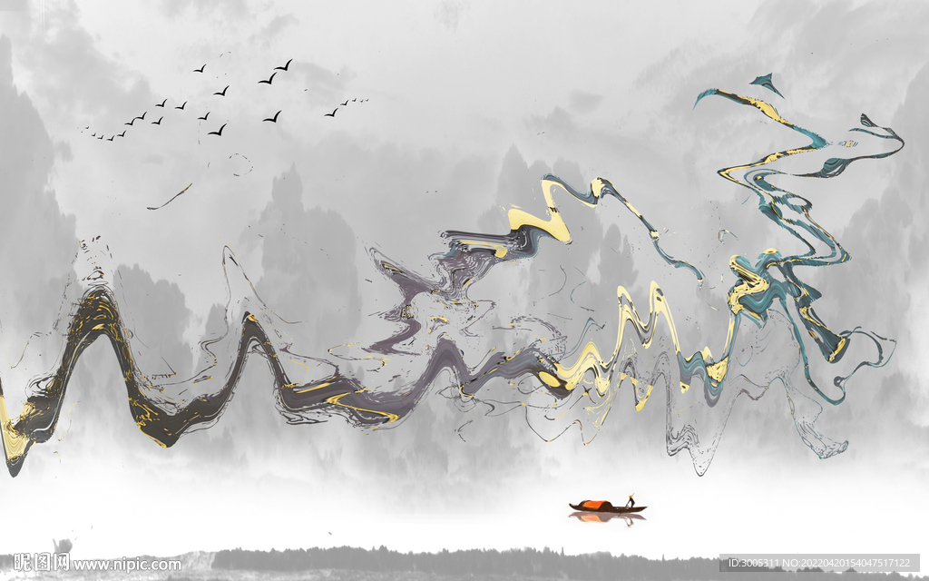 轻奢装饰画 新中式水墨山水画船