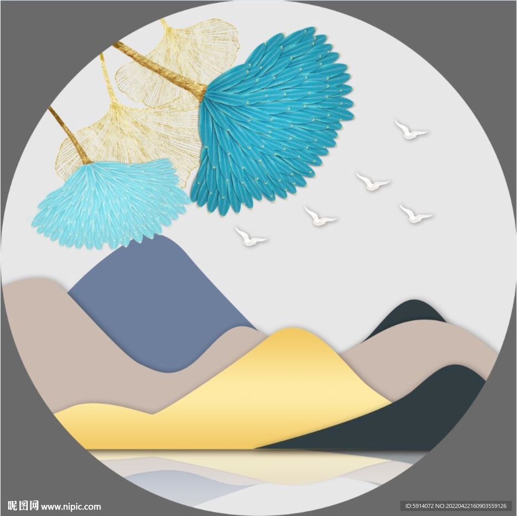 轻奢装饰画 杏叶 叶子 鸽子