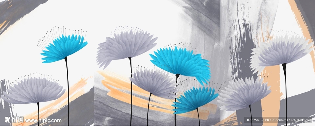 轻奢装饰画 蓝色花朵花瓣 涂鸦