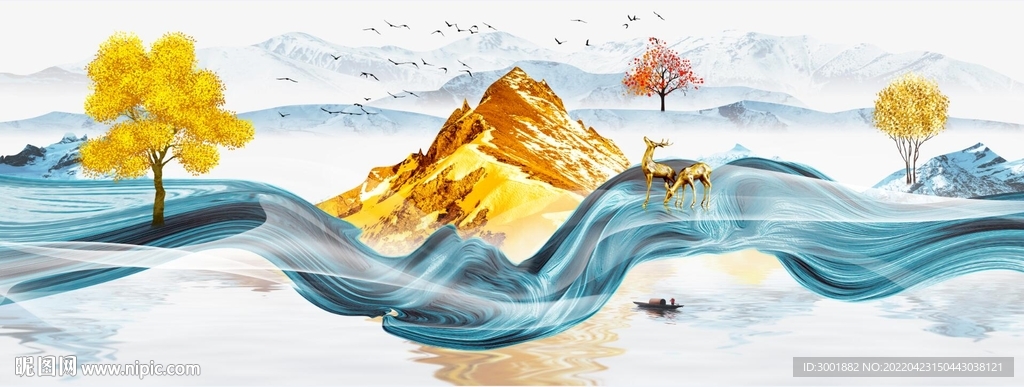 轻奢装饰画新中式山水画太阳麋鹿