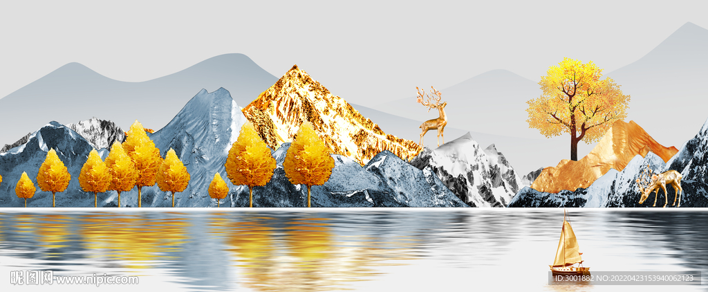 轻奢装饰画 新中式金色山水画