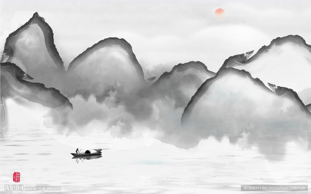 轻奢装饰画 水墨山水画 日出