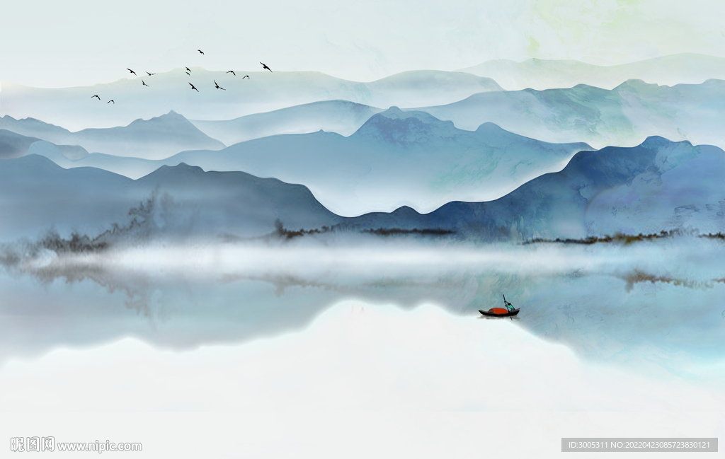 轻奢装饰画 新中式水墨山水画船