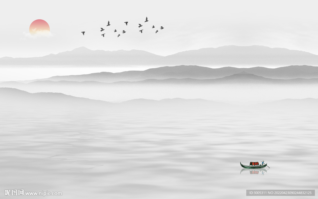 轻奢装饰画 新中式水墨山水画船