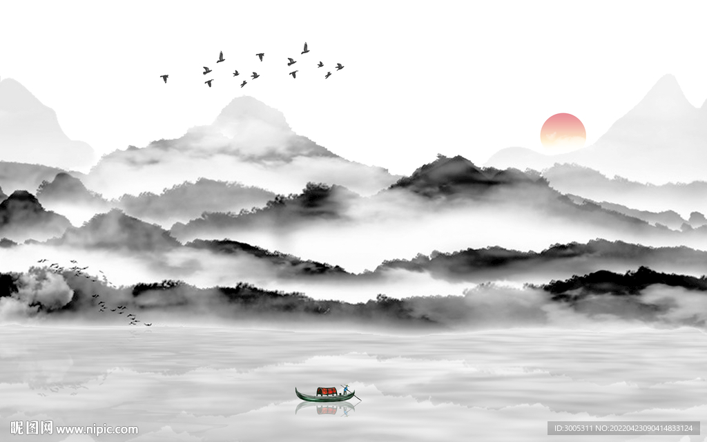轻奢装饰画 水墨山水画 日出船