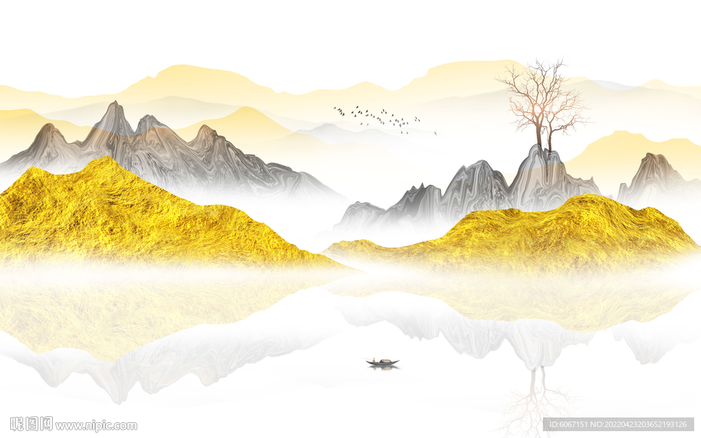 铂金现代新中式山水电视背景墙