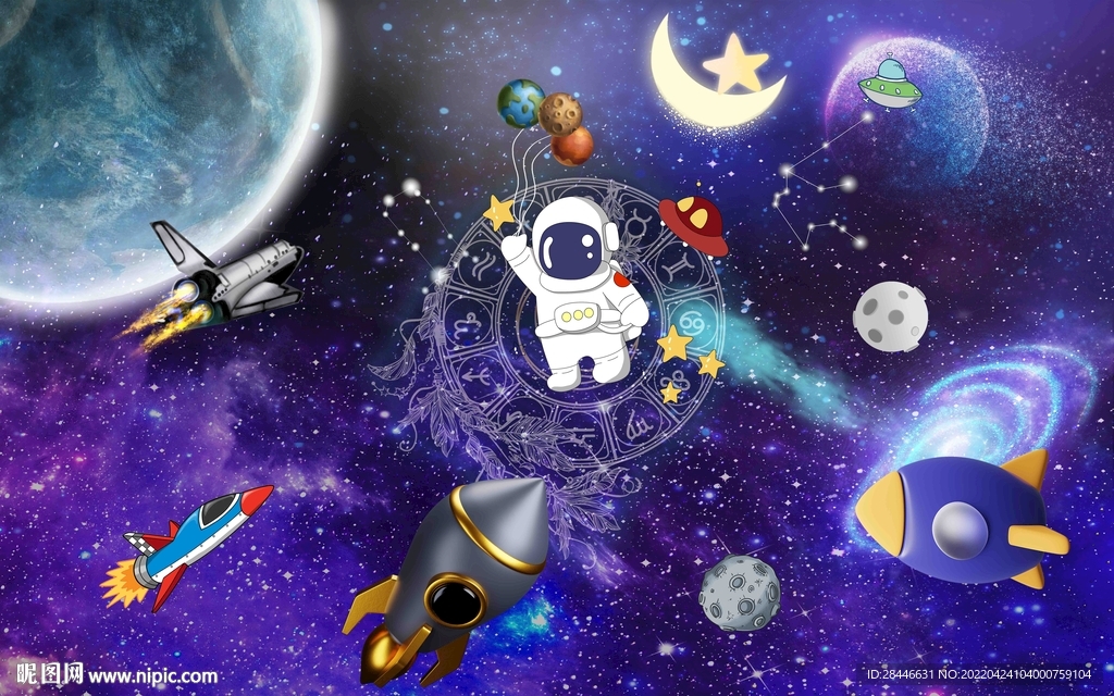 卡通太空儿童房背景墙     