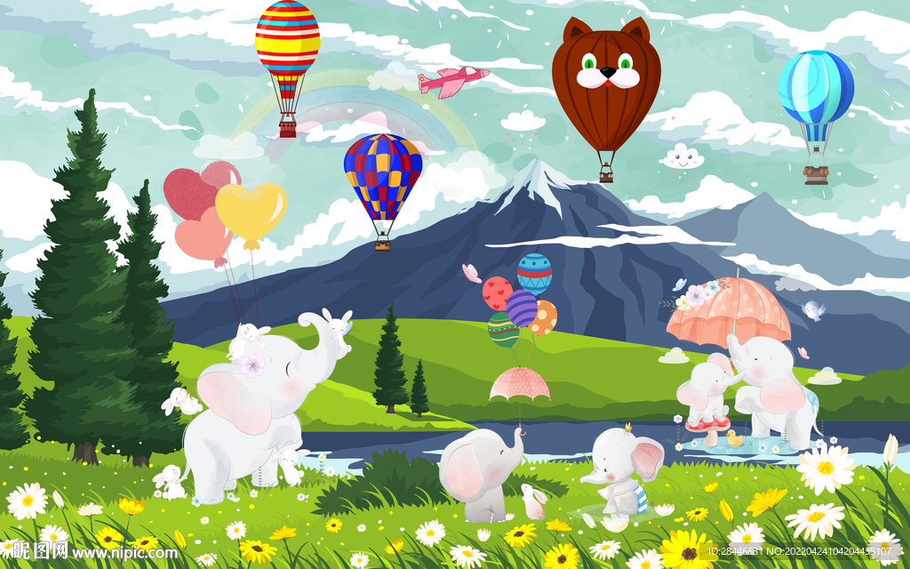 卡通手绘儿童房背景墙 