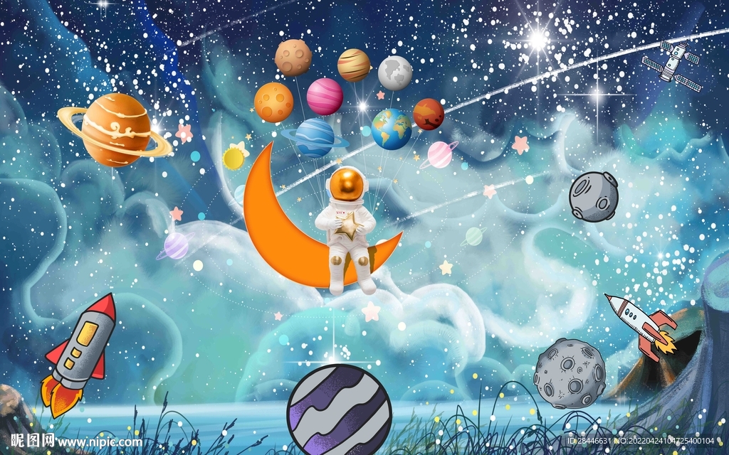 卡通太空儿童房背景墙     