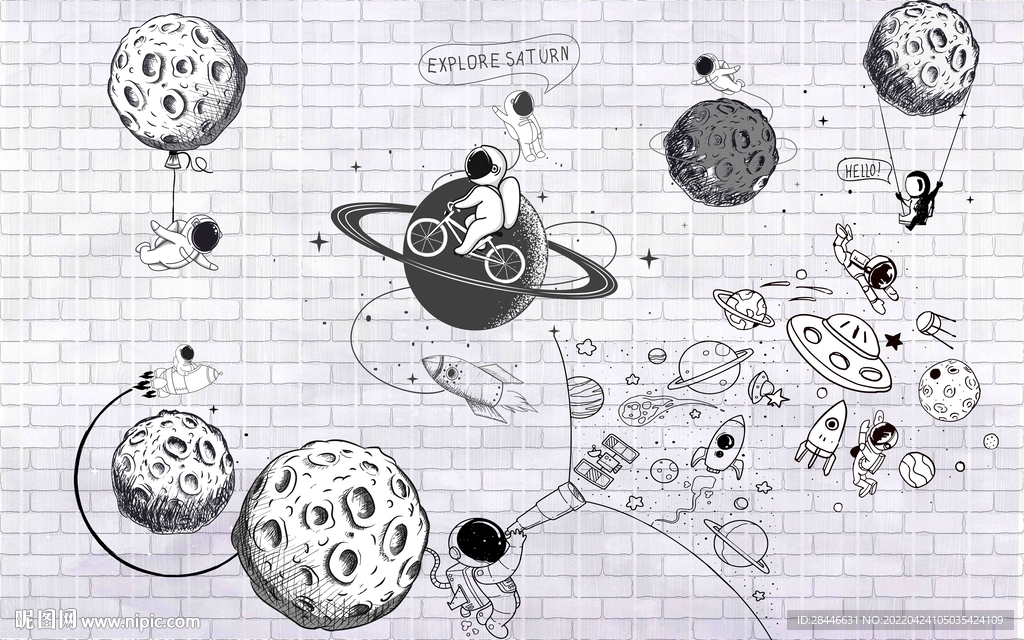 卡通太空儿童房背景墙     