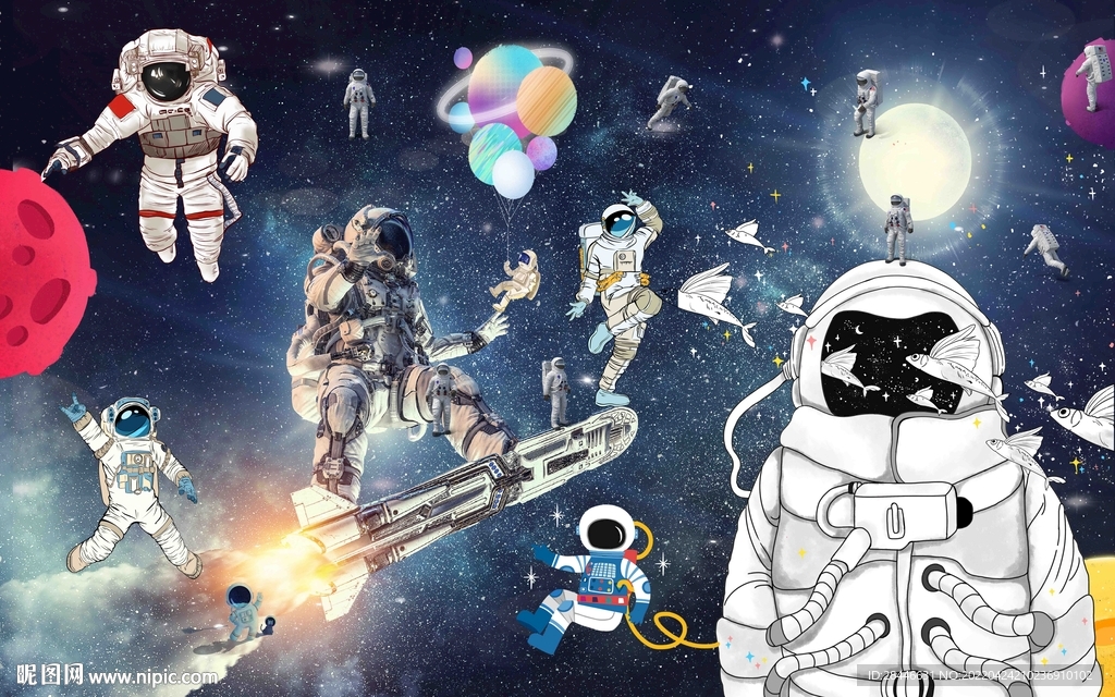 卡通太空儿童房背景墙