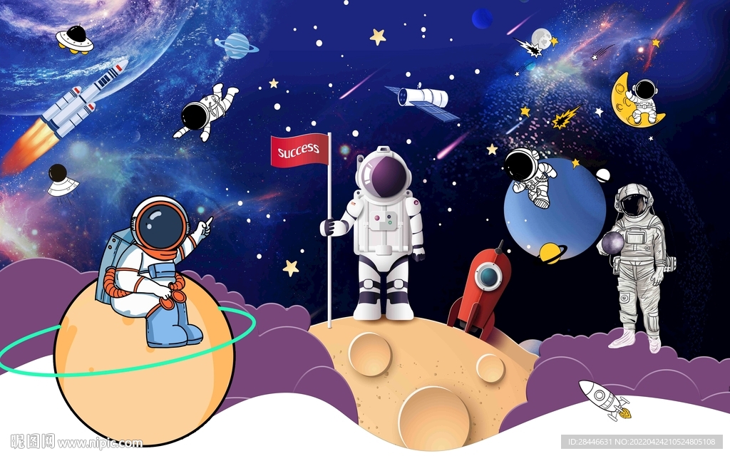 卡通太空儿童房背景墙