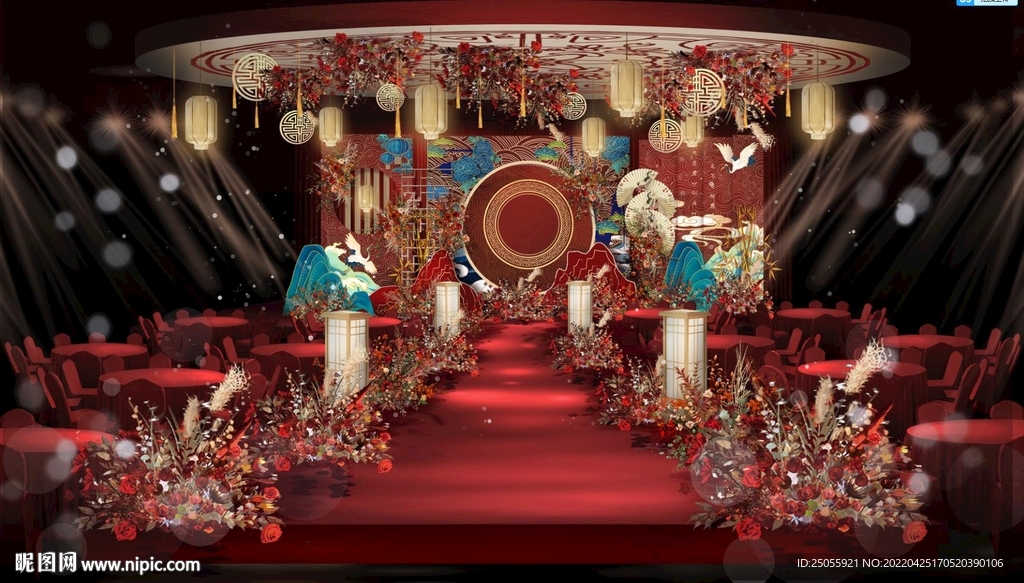 新中式红蓝色舞台区主题婚礼
