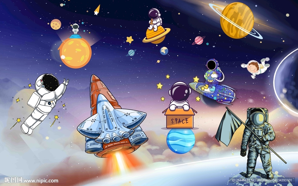 卡通太空儿童房背景墙     