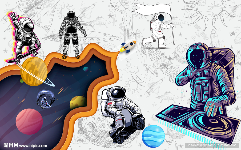 卡通太空儿童房背景墙