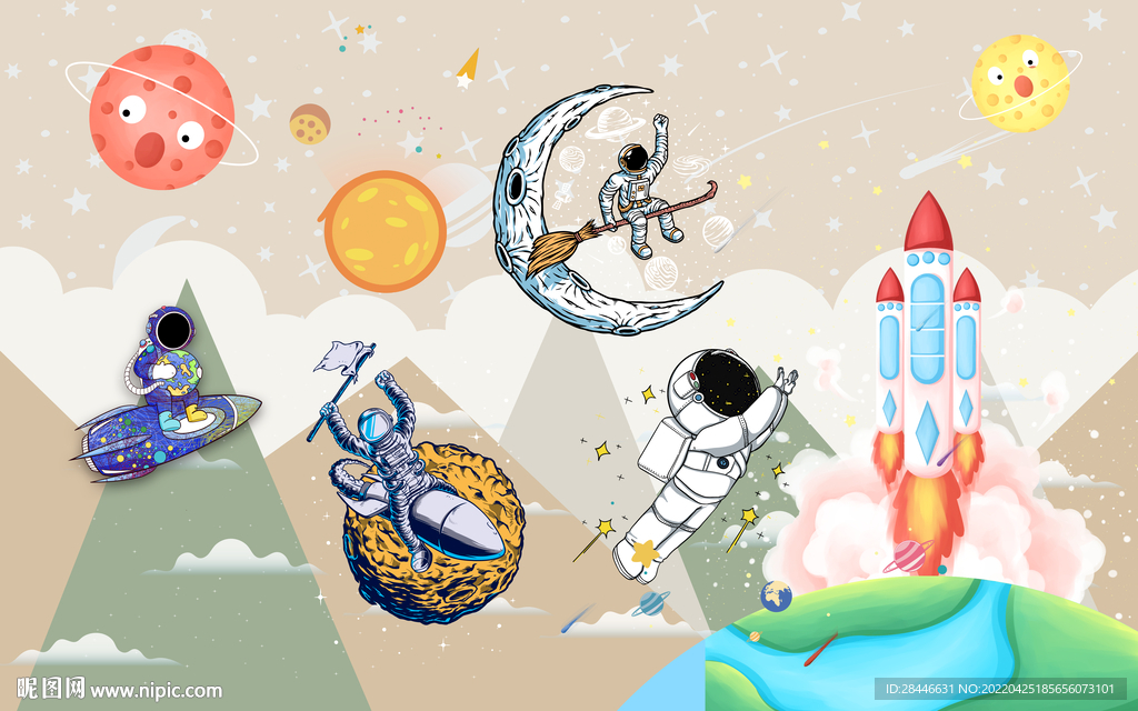 卡通太空儿童房背景墙
