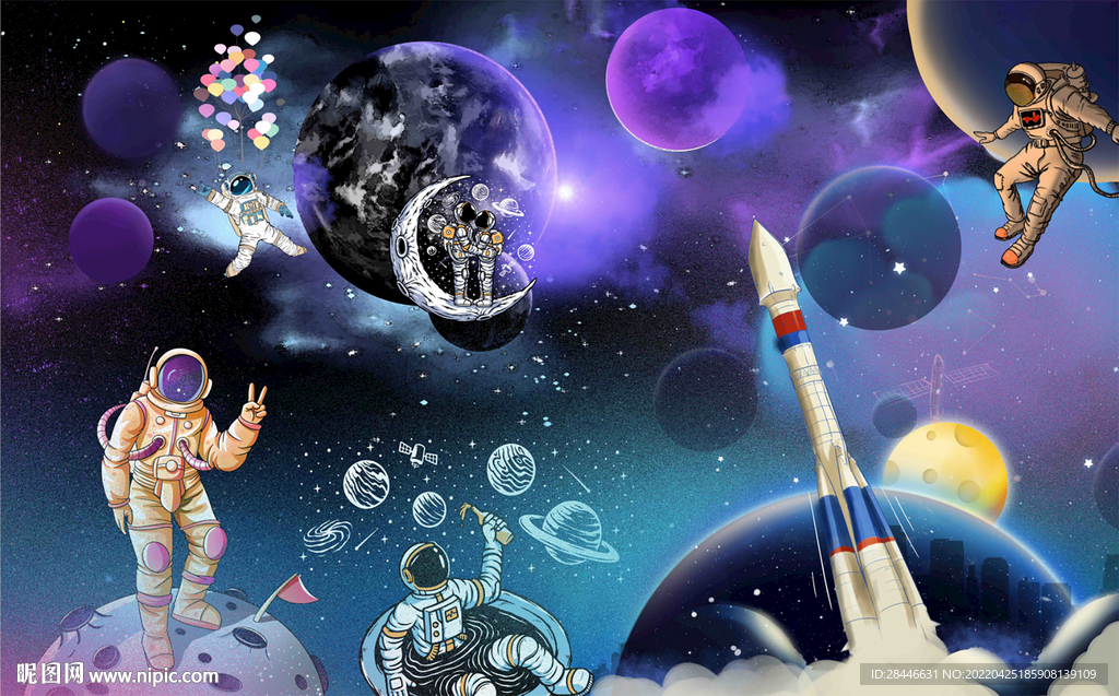 卡通太空儿童房背景墙