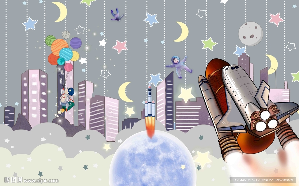 卡通太空儿童房背景墙