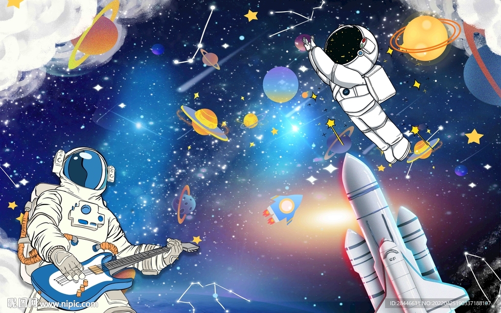 卡通太空儿童房背景墙