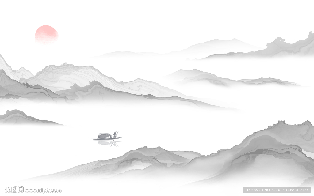 轻奢装饰画 水墨山水画 太阳船