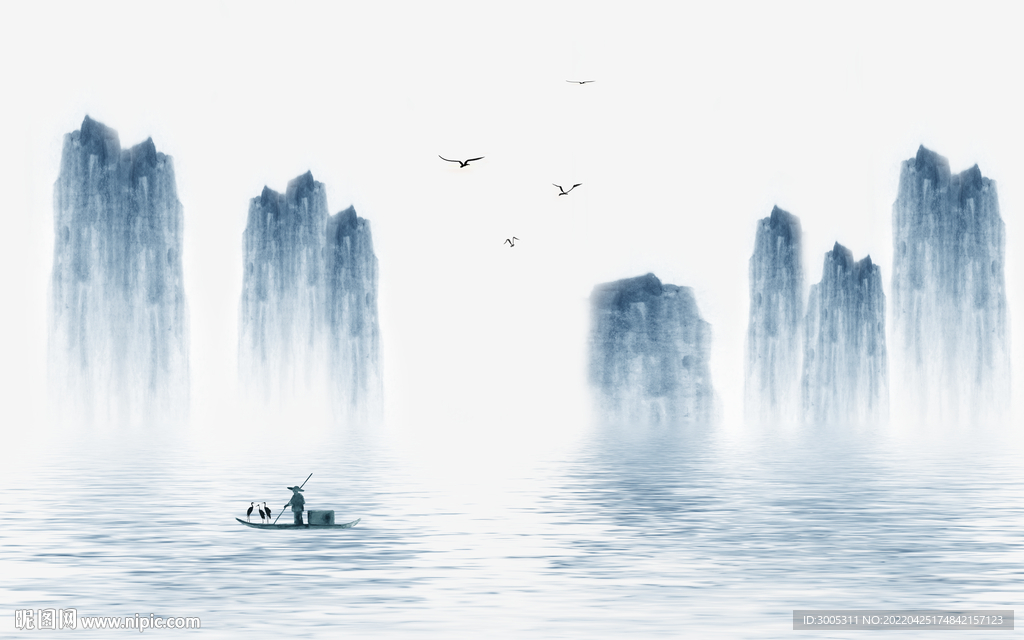 轻奢装饰画 水墨山水画 船鸟