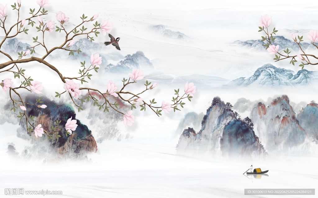 花鸟 新款山水墙画 tif分层