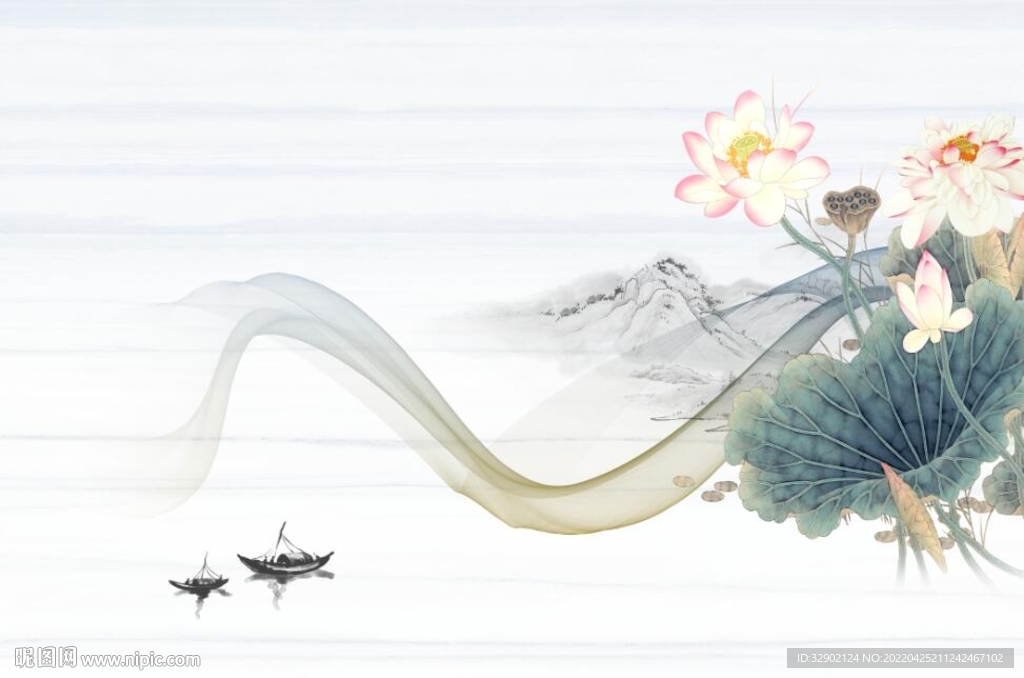 抽象曲线荷花背景墙