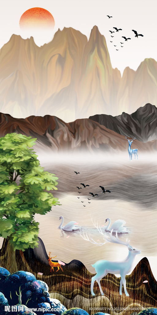 高清山脉麋鹿中式玄关装饰画