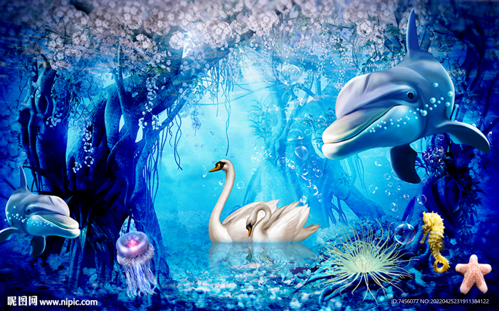 海景天鹅鲨鱼背景墙