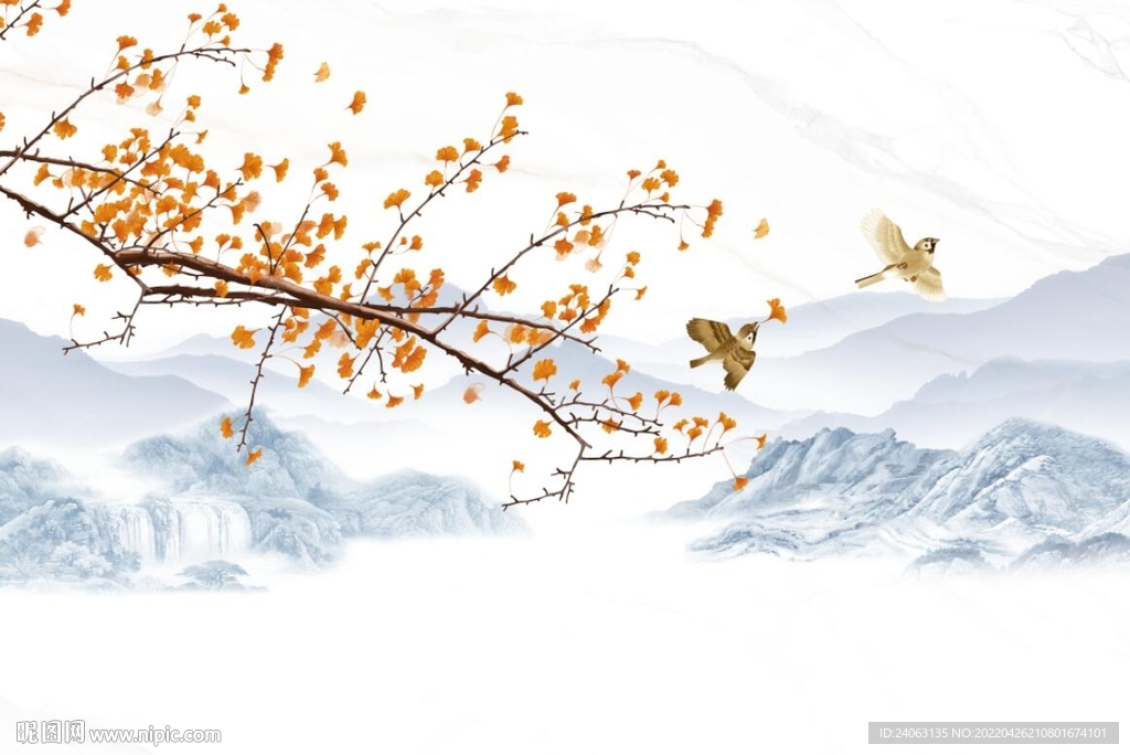 中式水墨山水花鸟背景墙.